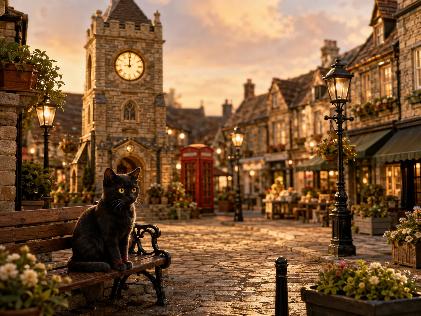 A miniature British town square with a clock tower at golden hour.